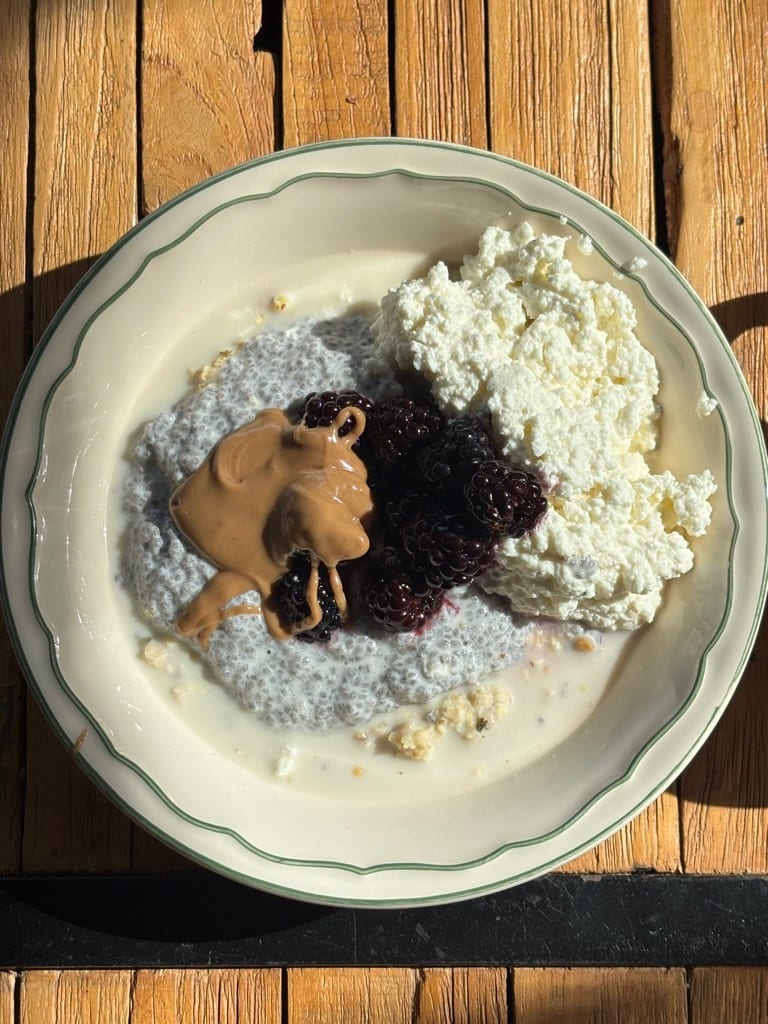 Chai millet met vanille chia pudding, braambessen en hazelnootboter in een diep bord